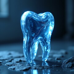 A stunning luminous tooth sculpture glowing in a mysterious dark atmosphere