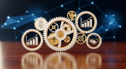 Illustration of interconnected gears symbolizing business growth and financial success, with icons representing investment, profits, and collaboration