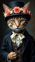 A well-dressed cat with flowers in a hat radiates charm and elegance effortlessly.