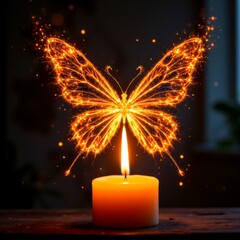 A mesmerizing glowing butterfly flutters above a lit candle in enchanting ambiance