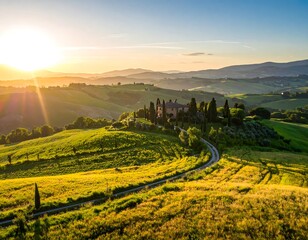 Naklejka premium Rolling hills and a winding road lead to a house at sunset. Golden light bathes the green landscape. Mountains frame the distant view
