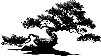 Silhouette of an ancient tree isolated on white background with copy space