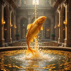Majestic golden fish leaps through sparkling water in lavish grand hall setting