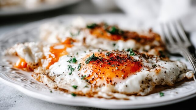 Delicious fried eggs breakfast home kitchen food photography cozy environment close-up shot culinary delight
