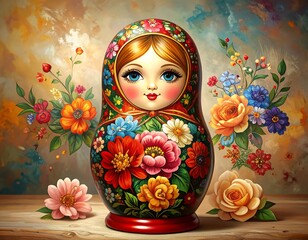 A vibrantly painted Russian nesting doll surrounded by floral blooms