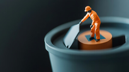 A miniature worker in an orange jumpsuit delicately places a panel onto a large, abstract control button set within a sleek, industrial-style container, creating a surreal scene.