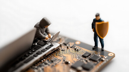 Conceptual shot of a hacker trying to break into a system represented by a circuit board, while a figure holding a shield defends it. Cyber security at play.