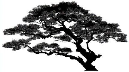 Silhouette of a pine tree with detailed branches isolated on white background