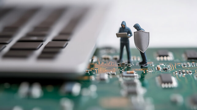 Miniature figures of cybersecurity experts stand guard on a computer circuit board next to a partially visible laptop, symbolizing data protection and IT security efforts.