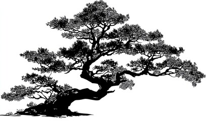 Silhouette of a bonsai tree with branches against a white background