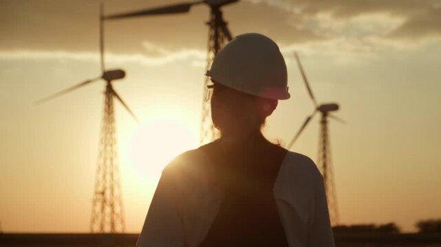Silhouette of electrical engineer inspecting wind turbine installation using tablet at sunset