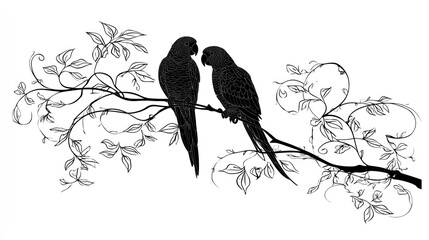 Silhouette of two birds perched on a branch with leaves vector illustration