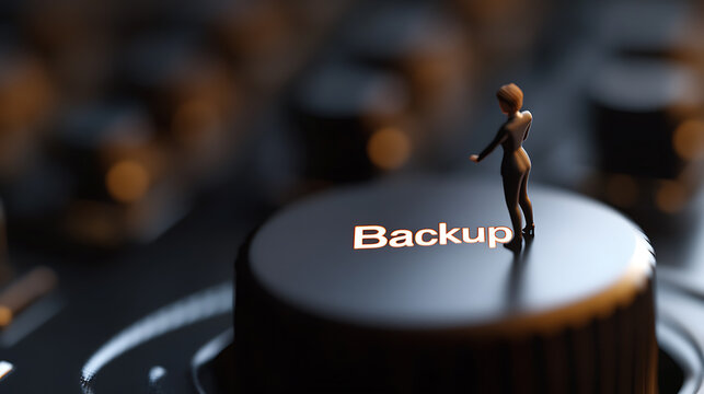 Data backup assurance. A tiny figure stands poised on a prominent button labeled 'Backup'.  A visual reminder of the digital safeguard in data. Important, be aware and backup.
