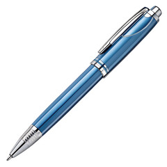 Elegant Blue Pen: A close-up shot of a sophisticated blue pen, meticulously crafted with shiny metallic accents, resting with professional poise.