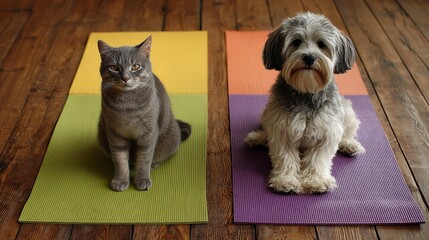 Pet dog and cat sitting on yoga mats