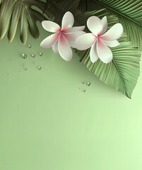 Beautiful tropical flower and palm leaf on light blue background, Space for text.