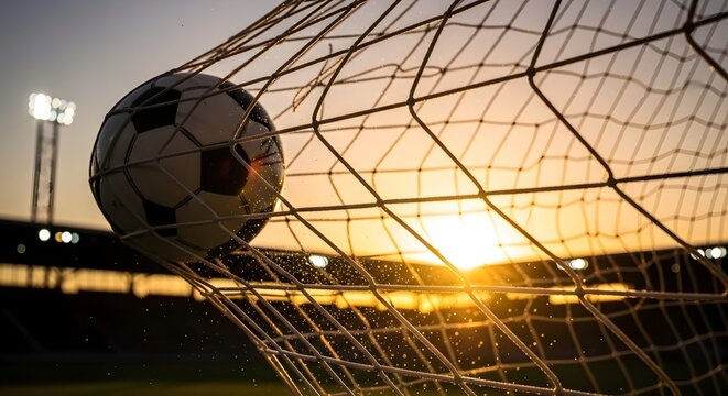 Close-up of a soccer ball hitting the net, golden sunset in the background