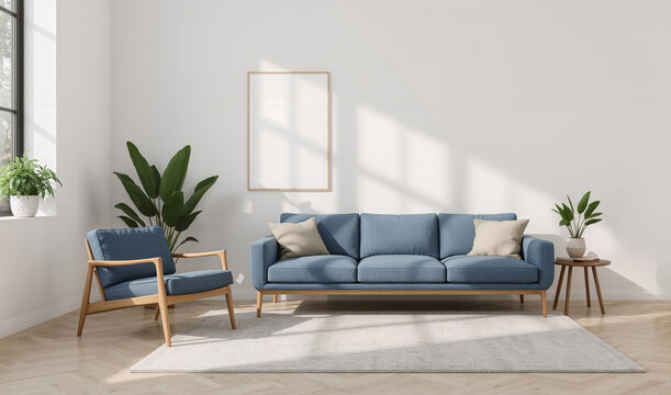 Soggiorno moderno con divano blu, poltrona e piante. Generative AI