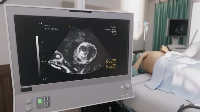 A specialist is performing a screening test to analyze the health of the baby. Screening the pregnant female to examine the baby health. Screening equipment is studying the health of the baby.