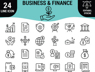 Business and Finance Line Icons Set &ndash; Editable Stroke Vector Icons of Money, Growth, Investment, Analytics, Banking, and Partnership for Corporate and Financial Design Projects