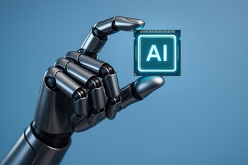 A Futuristic Robotic Hand Holding an AI Chip, Symbolizing the Integration of Artificial Intelligence in Technology and Modern Innovation