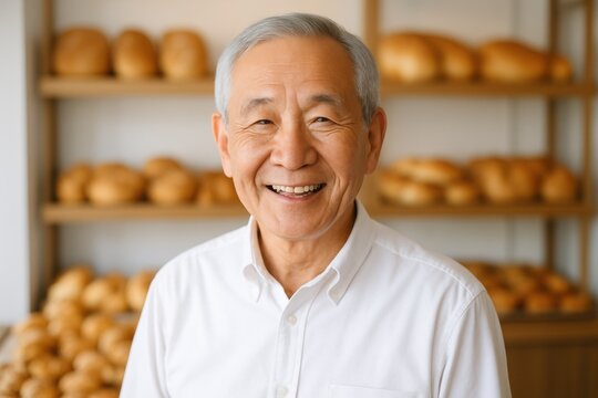A Joyful Baker Smiling in Front of an Abundant Display of Freshly Baked Bread and Buns, Emphasizing the Warmth of Artisan Baking Culture and Community Connection - Powered by Adobe