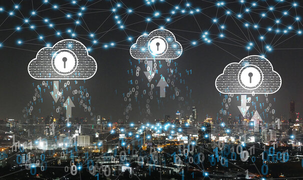 Cloud data security and network connection concept showing encrypted information transfer over smart city with digital communication and technology innovation.