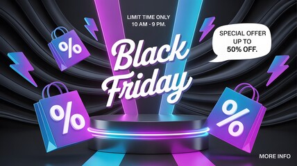 Futuristic black friday sale with neon lights, podium, shopping bags, and lightning bolts, offering special discounts and a modern shopping experience