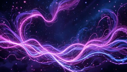 Fototapeta premium Abstract vibrant purple and pink neon glowing light waves and stars, cosmic energy background