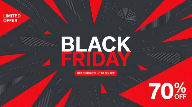 Black friday sale with 70 off discount, limited offer, and explosive red and black background with white dots and lines