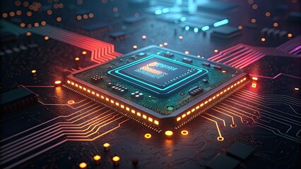 Futuristic circuit board with glowing neon lights and bokeh effects, representing AI technology, data processing, and digital innovation in modern computing
