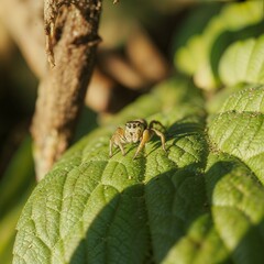 Fototapeta premium macro view of golden jumping spider resting on a bright leaf, showcasing intricate patterns and details of nature’s tiny predator