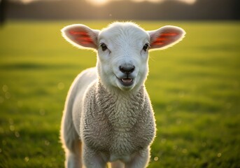 Fototapeta premium An adorable white baby lamb stands in a lush green field, backlit by the warm glow of the setting sun.
