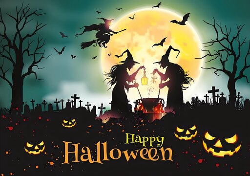 Bruxas com Caldeir&atilde;o M&aacute;gico em Cemit&eacute;rio Sob a Lua Cheia