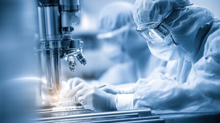 Scientist conducting research in cleanroom laboratory environment laboratory activities high-tech facility focused view innovation in science