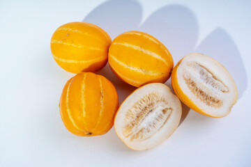 This composition highlights the freshness and sweetness of the melons