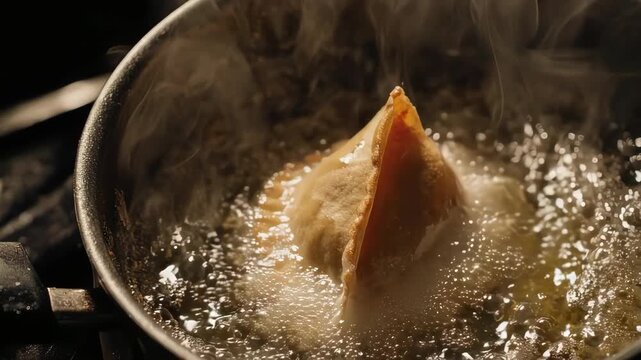 Samosa or sambusek being deep-fried in hot oil. Represents Iftar preparation and festive Ramadan food.