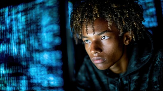 Analyzing data trends a young coder in a dim tech studio portrait introspective cyberpunk vibe