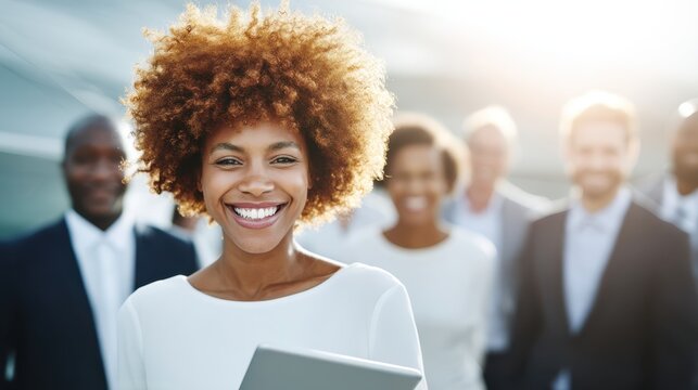 Celebrating success at a corporate event smiling professionals city conference center group photo bright lighting vibrant atmosphere - Powered by Adobe