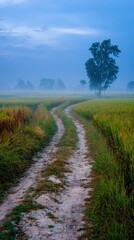 Obraz premium Winding dirt path through misty rice fields with a lone tree Dirt road