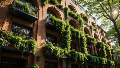 Fototapeta premium Traditional brick apartment building exterior with black iron balconies and vibrant green vines, natural architecture facade, biophilic