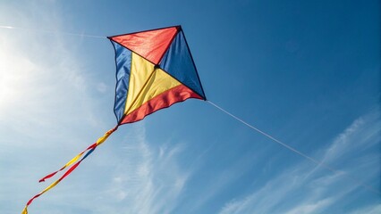 Close Up of Colorful Traditional Kite Flying High in Clear Blue Sky with Full Frame Background