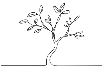 Continuous one line drawing of a young tree with branches and leaves, minimalist nature concept illustration
