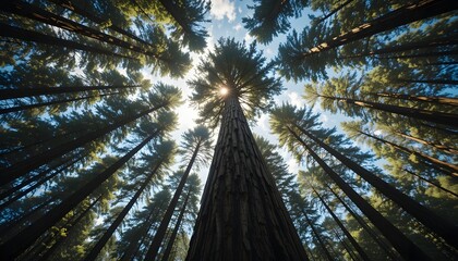 Worm's eye view of tall redwood trees against a sunny blue sky, majestic forest landscape