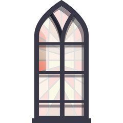 Gothic Arch Stained Glass Window Panel With Geometric Pattern In Pale Red Yellow And White Hues With Dark Gray Frame On White Background