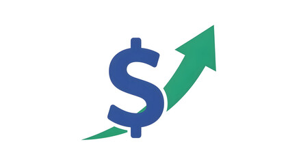 金融成長と投資成功アイコン：フラットデザインのドル記号と矢、資産運用概念