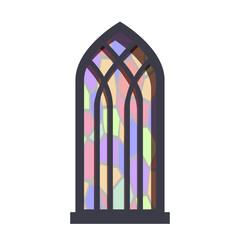 Gothic Arch Window With Stained Glass Panels Featuring A Variety Of Pastel Colors And Geometric Shapes On A White Background