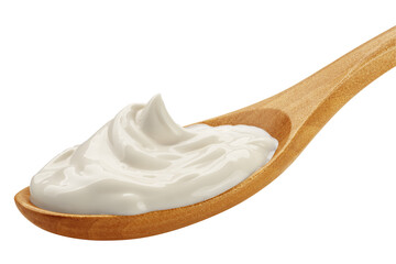 Sour Cream on wooden spoon, mayonnaise, yogurt, isolated, full depth of field