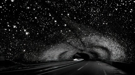 Road tunnel through a starry sky abstract landscape night scene