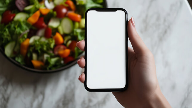 Healthy choices at your fingertips!  A vibrant salad complements a modern phone, promoting wellness in the digital age. Fresh, colorful, and accessible. #healthyeating